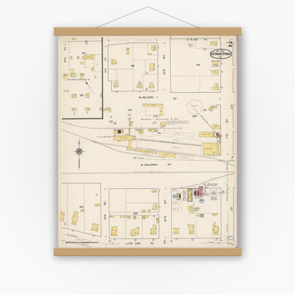 Old map wall art mockup — magnetic wood frame on white wall — Sanborn Fire Insurance Map from De Funiak Springs, Walton County, Florida (1922), Sheet #0002