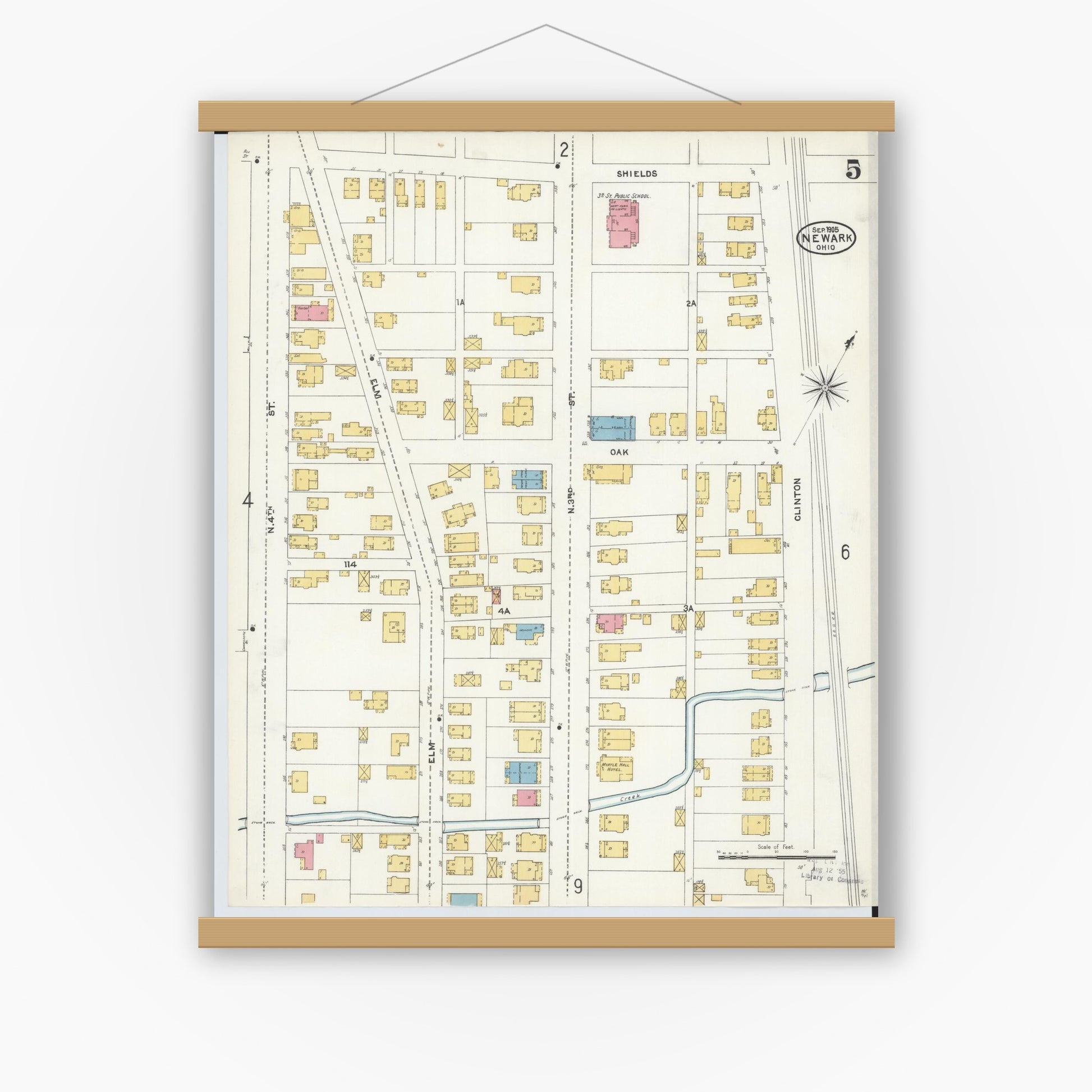 Old map wall art mockup — magnetic wood frame on white wall — Sanborn Fire Insurance Map from Newark, Licking County, Ohio (1905), Sheet #0005