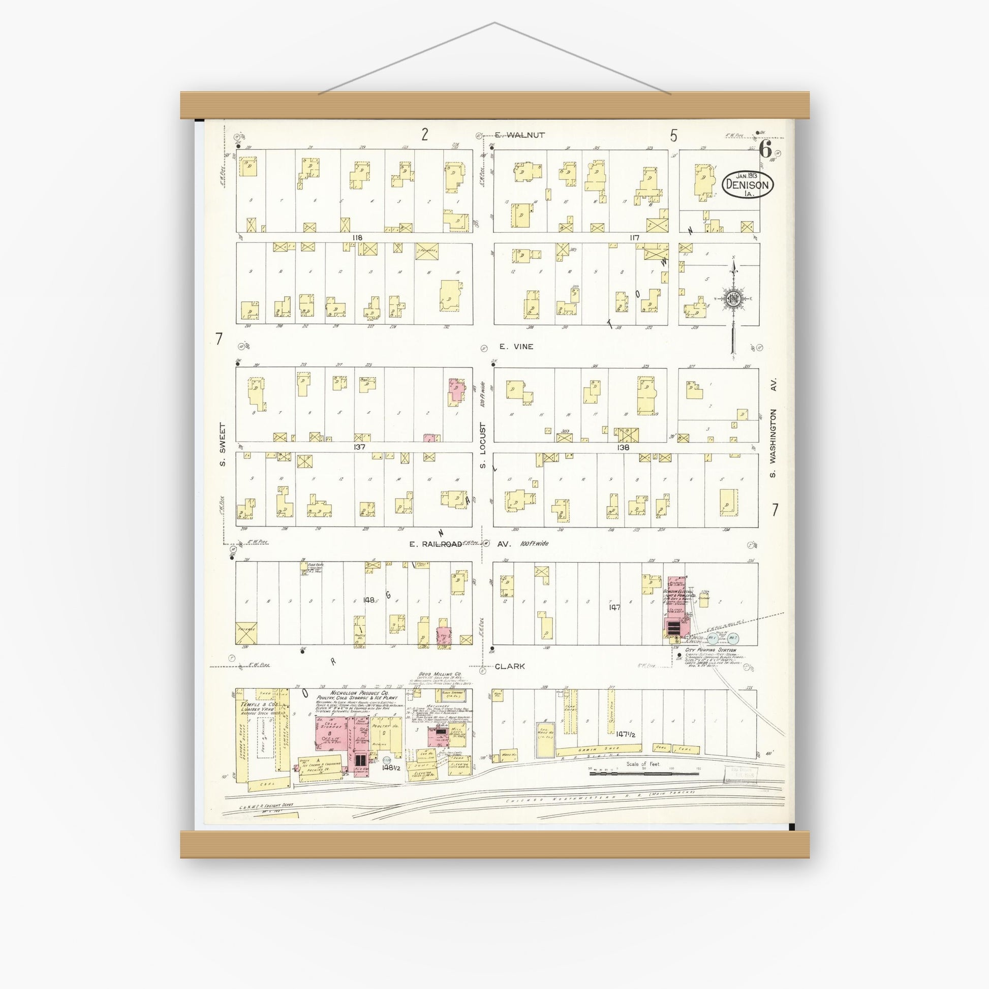 Old map wall art mockup — magnetic wood frame on white wall — Sanborn Fire Insurance Map from Denison, Crawford County, Iowa (1913), Sheet #0006