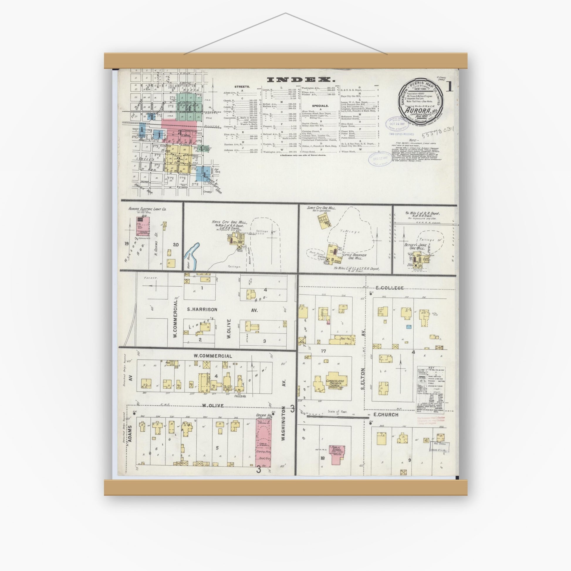 Old map wall art mockup — magnetic wood frame on white wall — Sanborn Fire Insurance Map from Aurora, Lawrence County, Missouri (1897) - Complete Map Set
