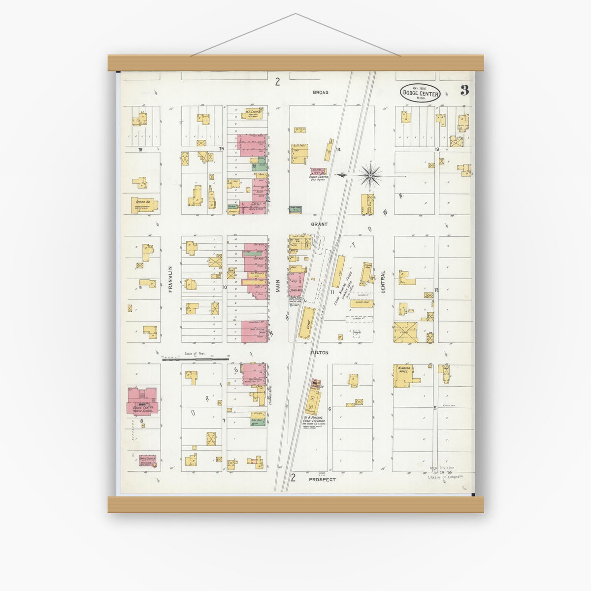 Old map wall art mockup — magnetic wood frame on white wall — Sanborn Fire Insurance Map from Dodge Center, Dodge County, Minnesota (1904), Sheet #0003