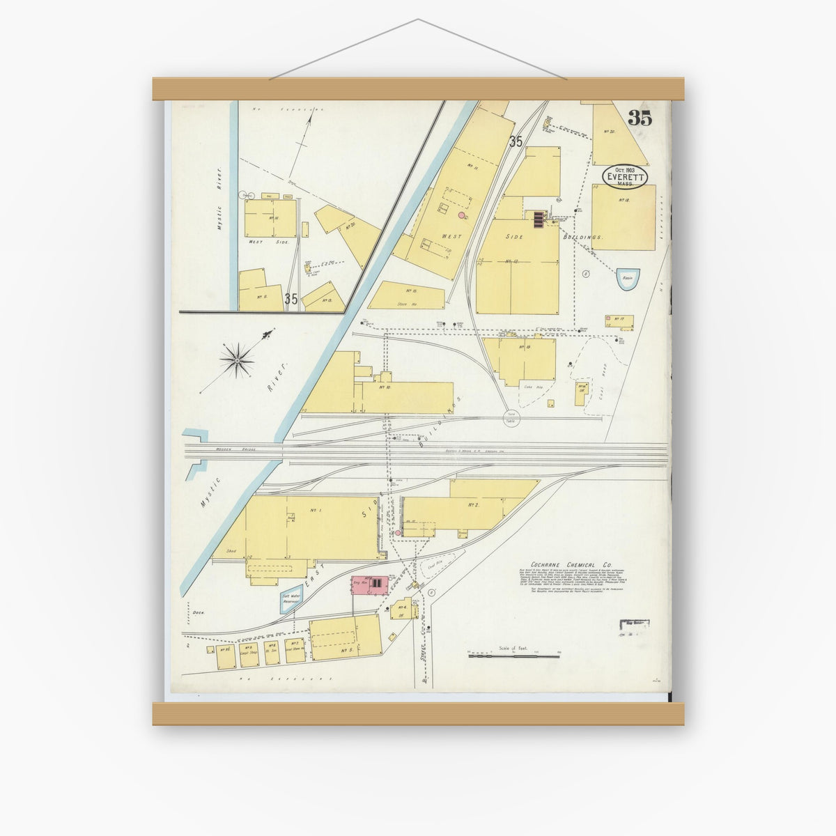 Old map wall art mockup — magnetic wood frame on white wall — Sanborn Fire Insurance Map from Everett, Middlesex County, Massachusetts (1903), Sheet #0035