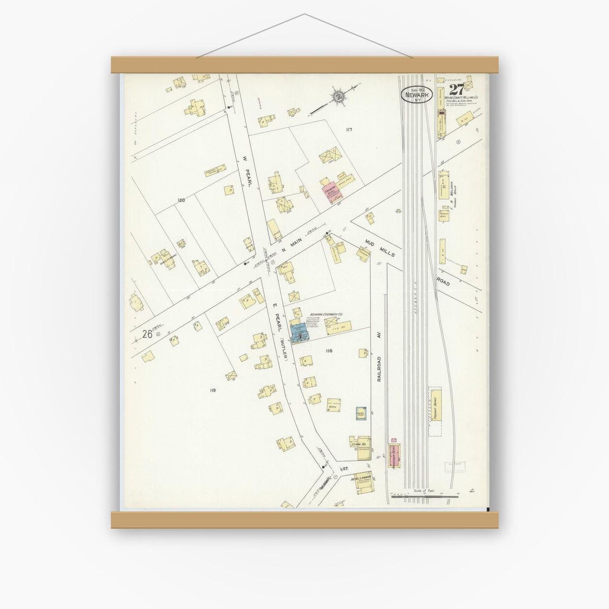 Old map wall art mockup — magnetic wood frame on white wall — Sanborn Fire Insurance Map from Newark, Wayne County, New York (1912), Sheet #0027