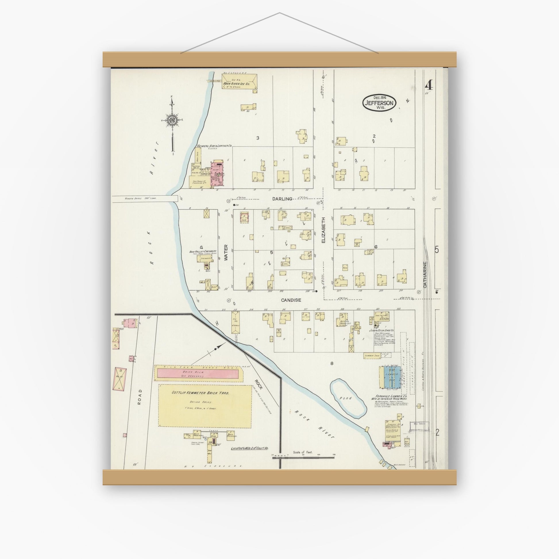 Old map wall art mockup — magnetic wood frame on white wall — Sanborn Fire Insurance Map from Jefferson, Jefferson County, Wisconsin (1914), Sheet #0004