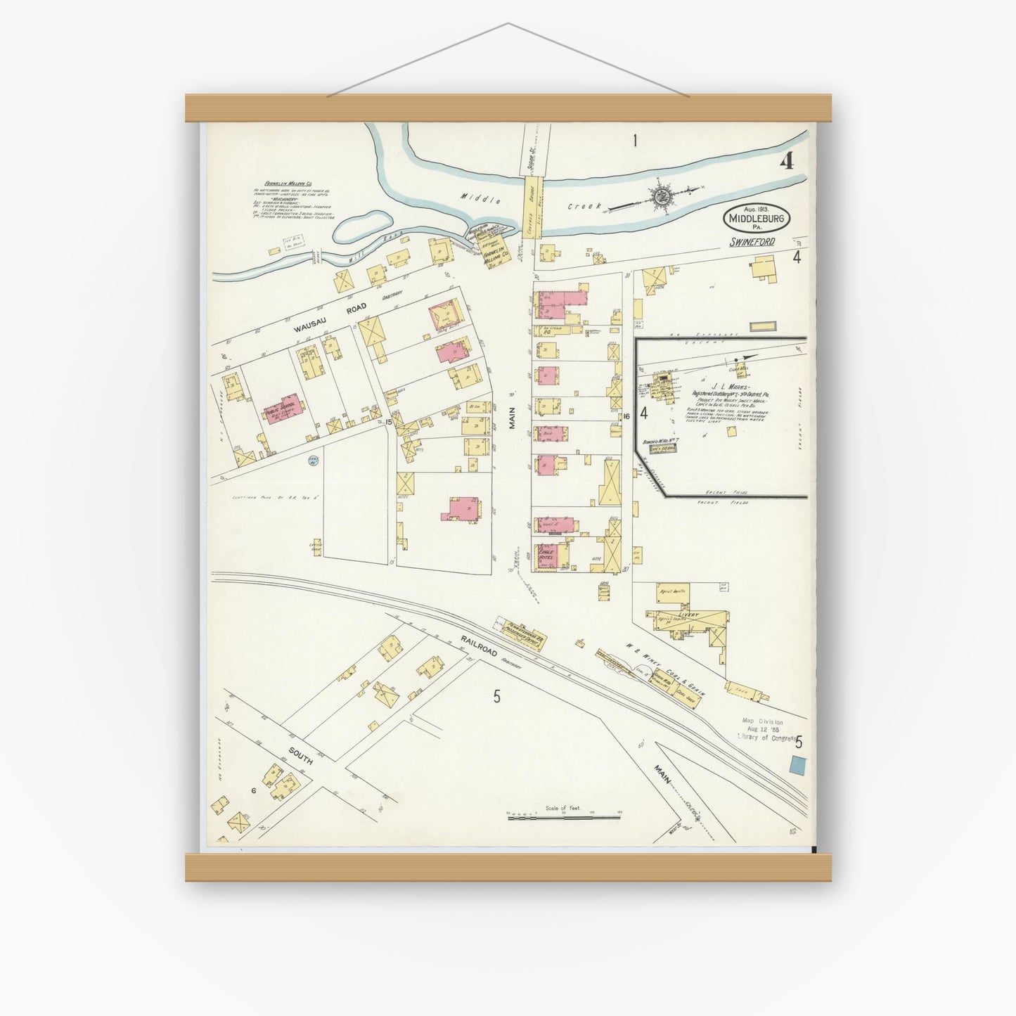 Old map wall art mockup — magnetic wood frame on white wall — Sanborn Fire Insurance Map from Middleburg, Snyder County, Pennsylvania (1913), Sheet #0004