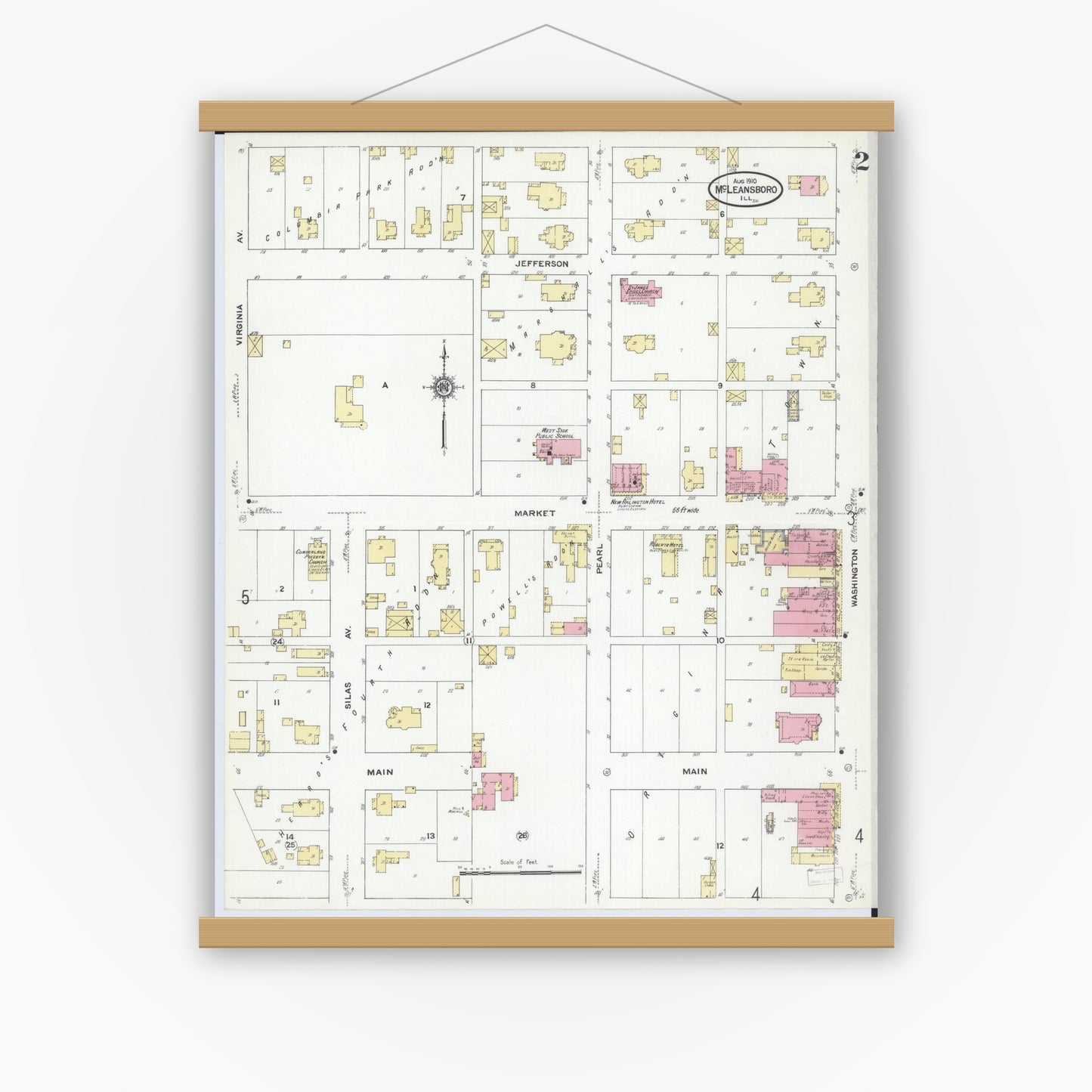 Old map wall art mockup — magnetic wood frame on white wall — Sanborn Fire Insurance Map from Mcleansboro, Hamilton County, Illinois (1910), Sheet #0002