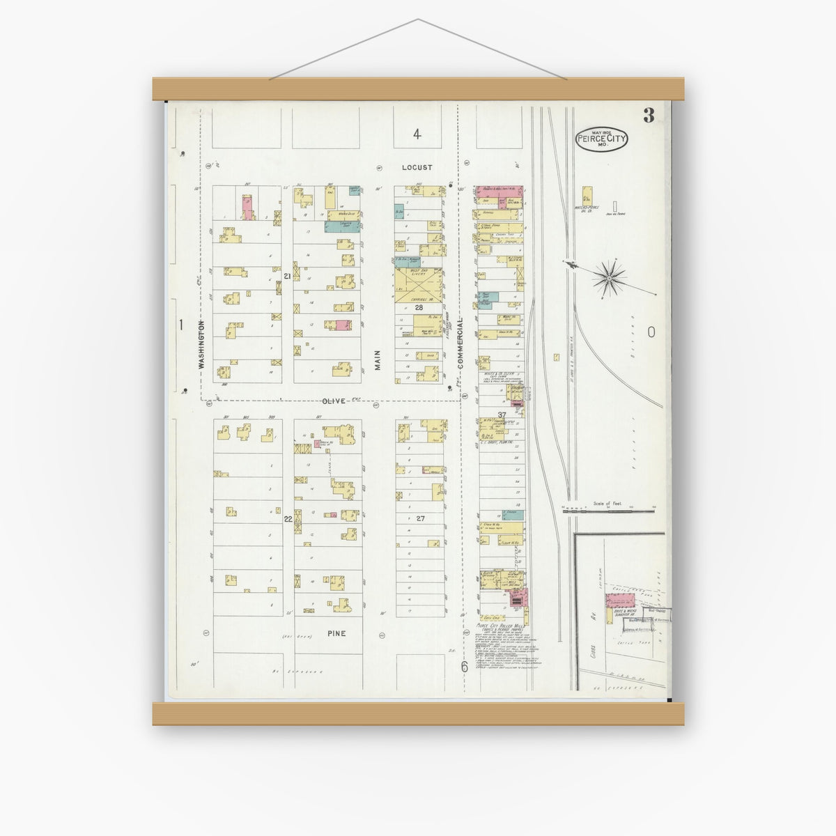 Old map wall art mockup — magnetic wood frame on white wall — Sanborn Fire Insurance Map from Pierce City, Lawrence County, Missouri (1902), Sheet #0003