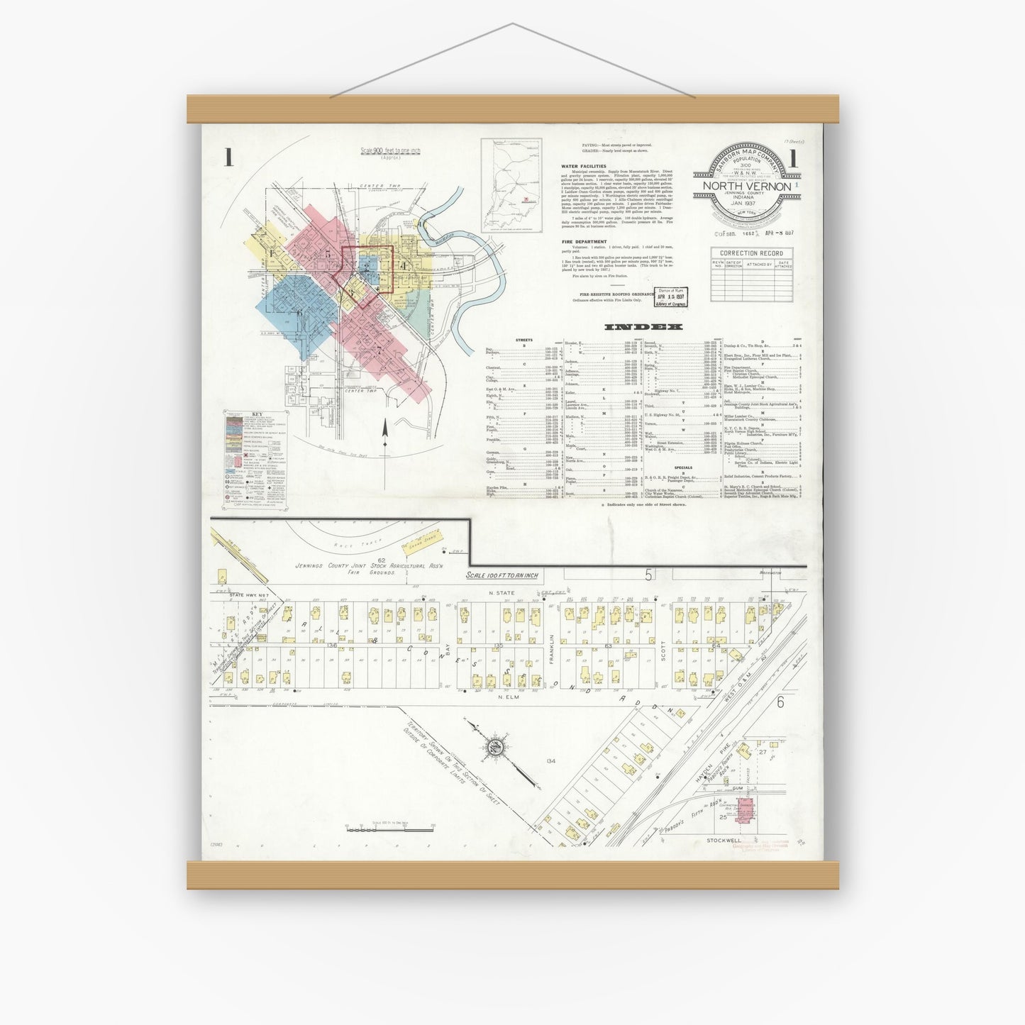 Old map wall art mockup — magnetic wood frame on white wall — Sanborn Fire Insurance Map from North Vernon, Jennings County, Indiana (1937) - Complete Map Set