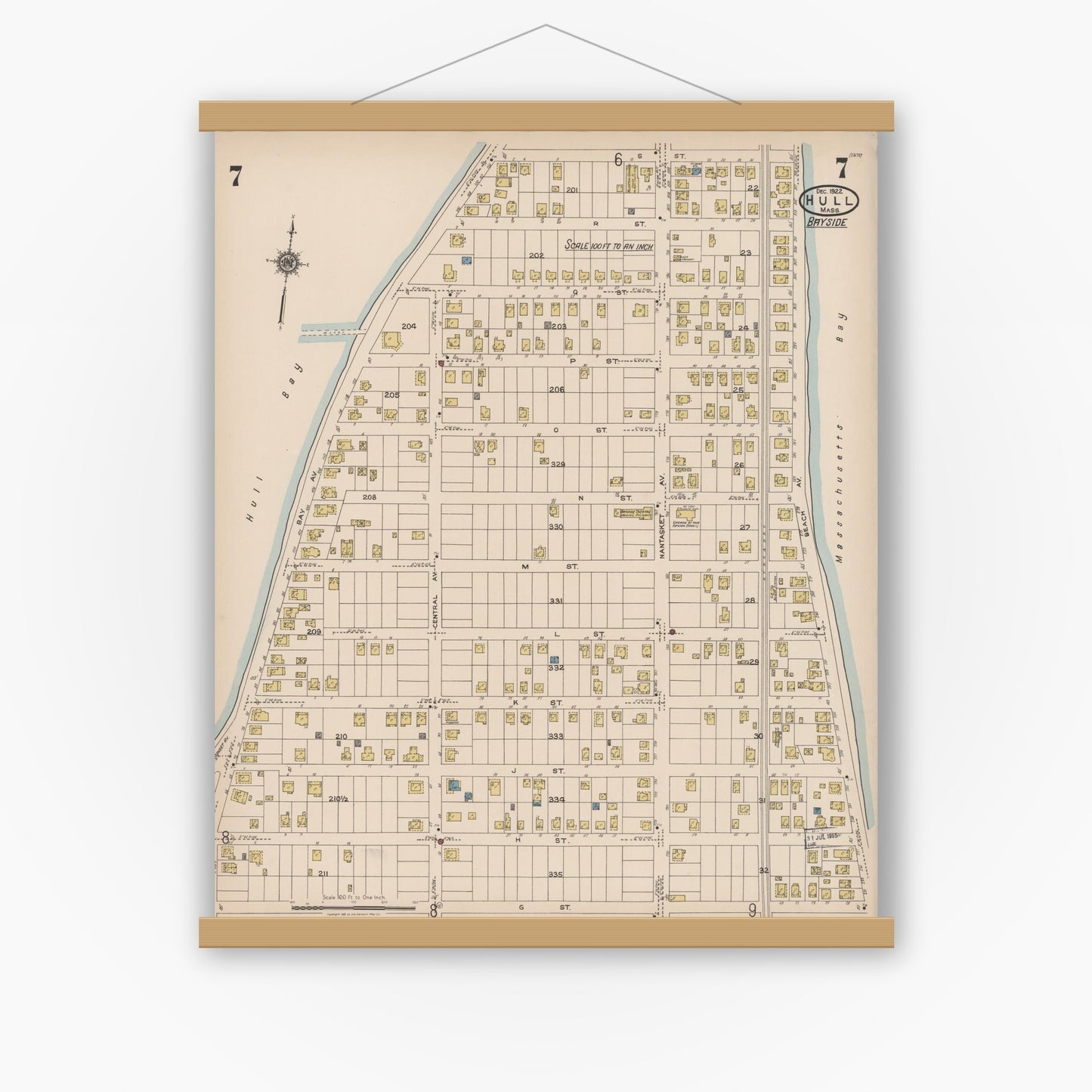 Old map wall art mockup — magnetic wood frame on white wall — Sanborn Fire Insurance Map from Hull, Plymouth County, Massachusetts (1922), Sheet #0007
