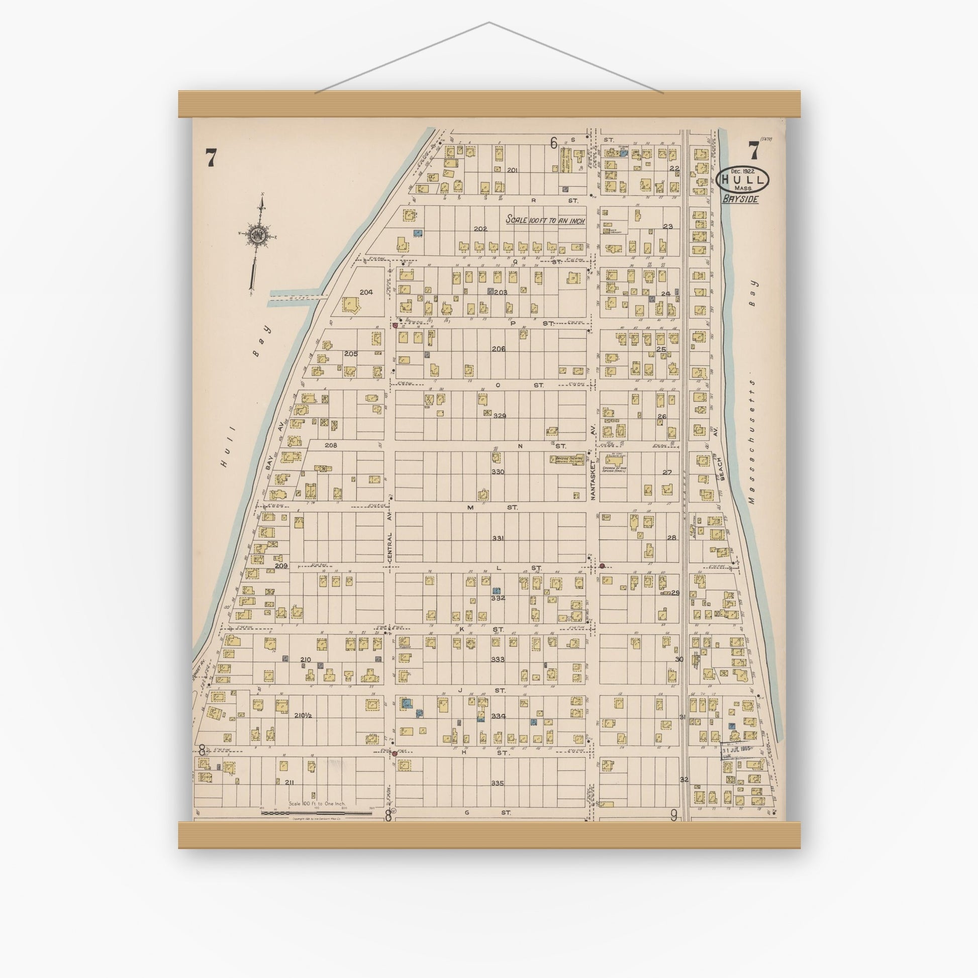 Old map wall art mockup — magnetic wood frame on white wall — Sanborn Fire Insurance Map from Hull, Plymouth County, Massachusetts (1922), Sheet #0007