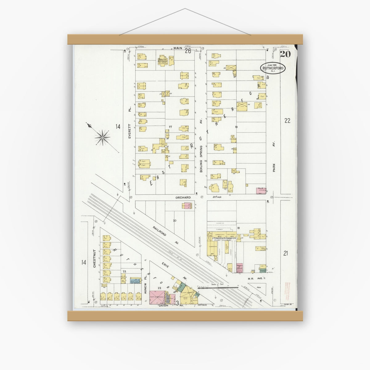 Old map wall art mockup — magnetic wood frame on white wall — Sanborn Fire Insurance Map from Rutherford, Bergen County, New Jersey (1909), Sheet #0020