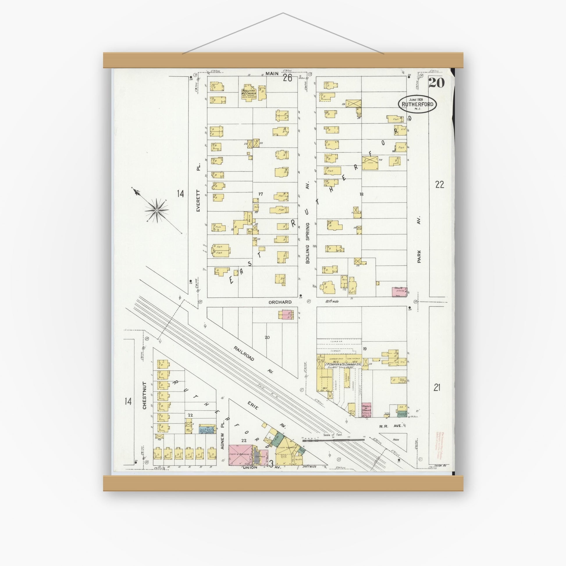 Old map wall art mockup — magnetic wood frame on white wall — Sanborn Fire Insurance Map from Rutherford, Bergen County, New Jersey (1909), Sheet #0020