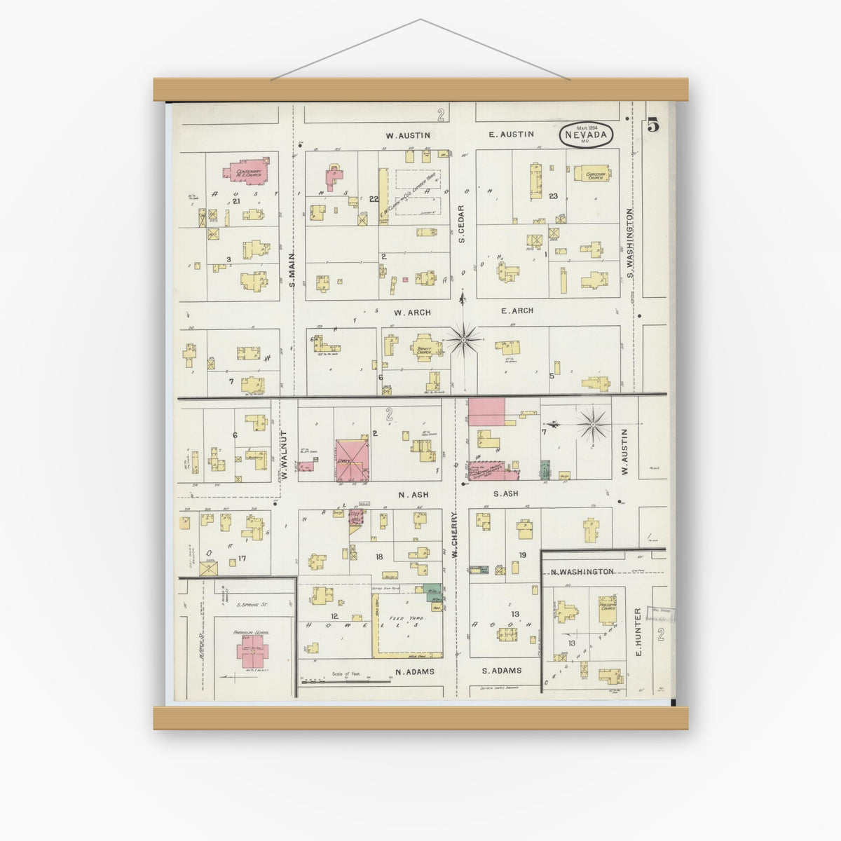 Old map wall art mockup — magnetic wood frame on white wall — Sanborn Fire Insurance Map from Nevada, Vernon County, Missouri (1894), Sheet #0005