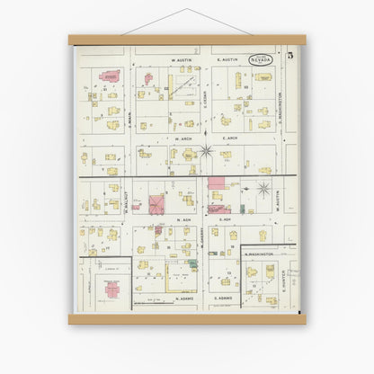 Old map wall art mockup — magnetic wood frame on white wall — Sanborn Fire Insurance Map from Nevada, Vernon County, Missouri (1894), Sheet #0005