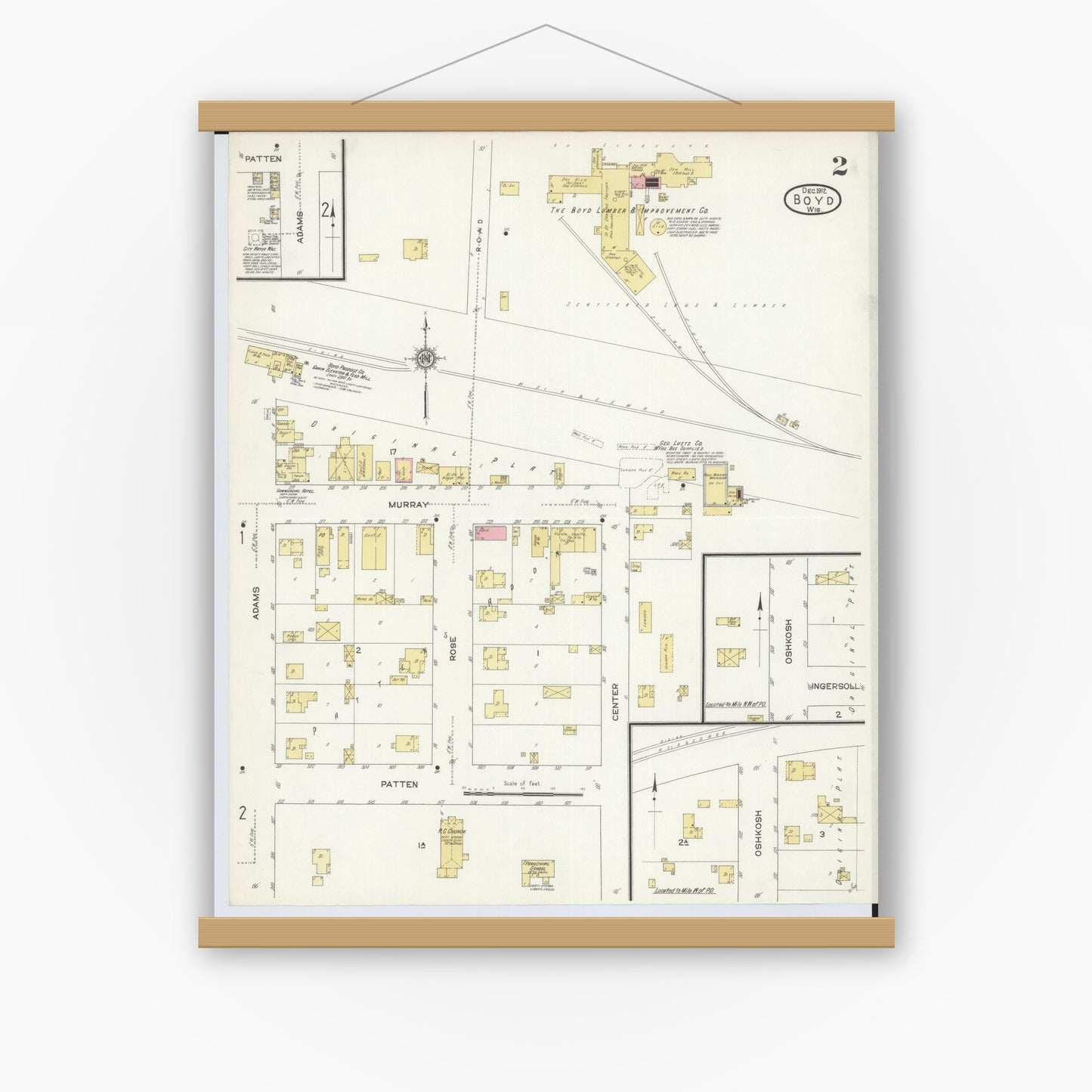 Old map wall art mockup — magnetic wood frame on white wall — Sanborn Fire Insurance Map from Boyd, Chippewa County, Wisconsin (1912), Sheet #0002