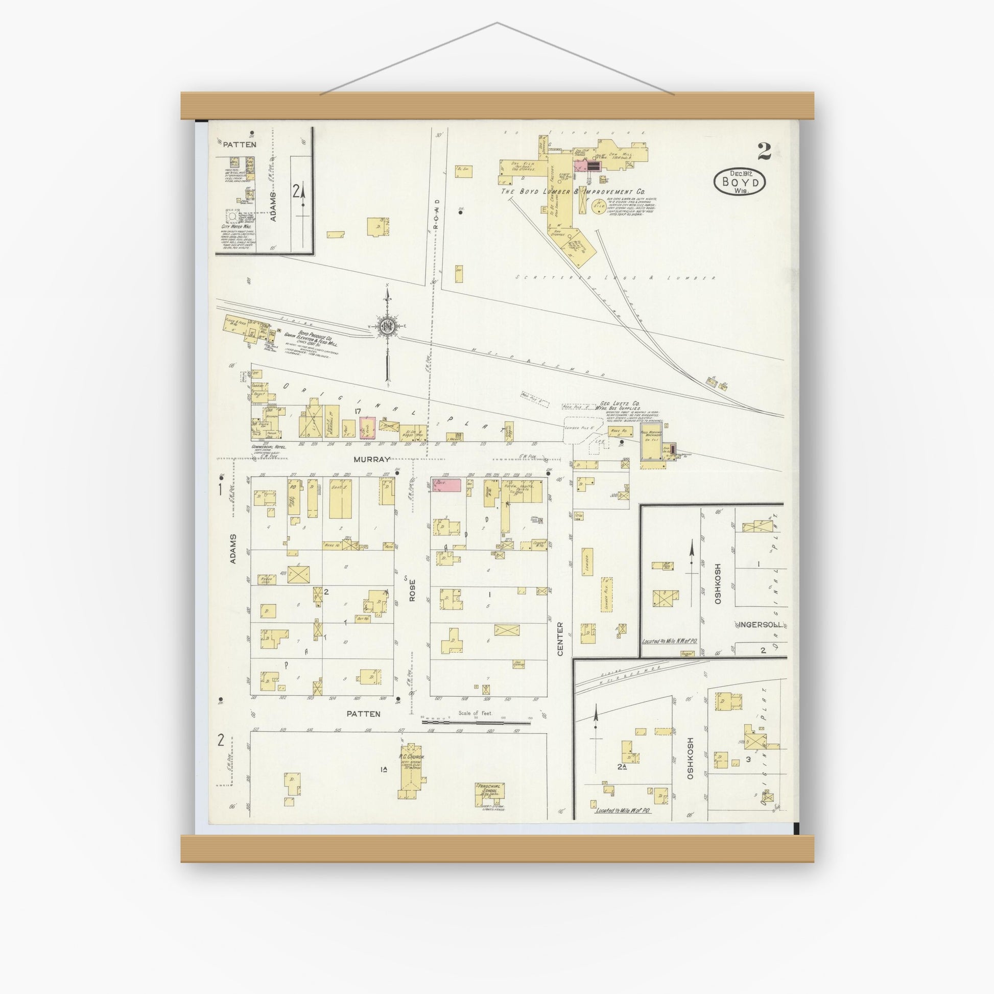 Old map wall art mockup — magnetic wood frame on white wall — Sanborn Fire Insurance Map from Boyd, Chippewa County, Wisconsin (1912), Sheet #0002
