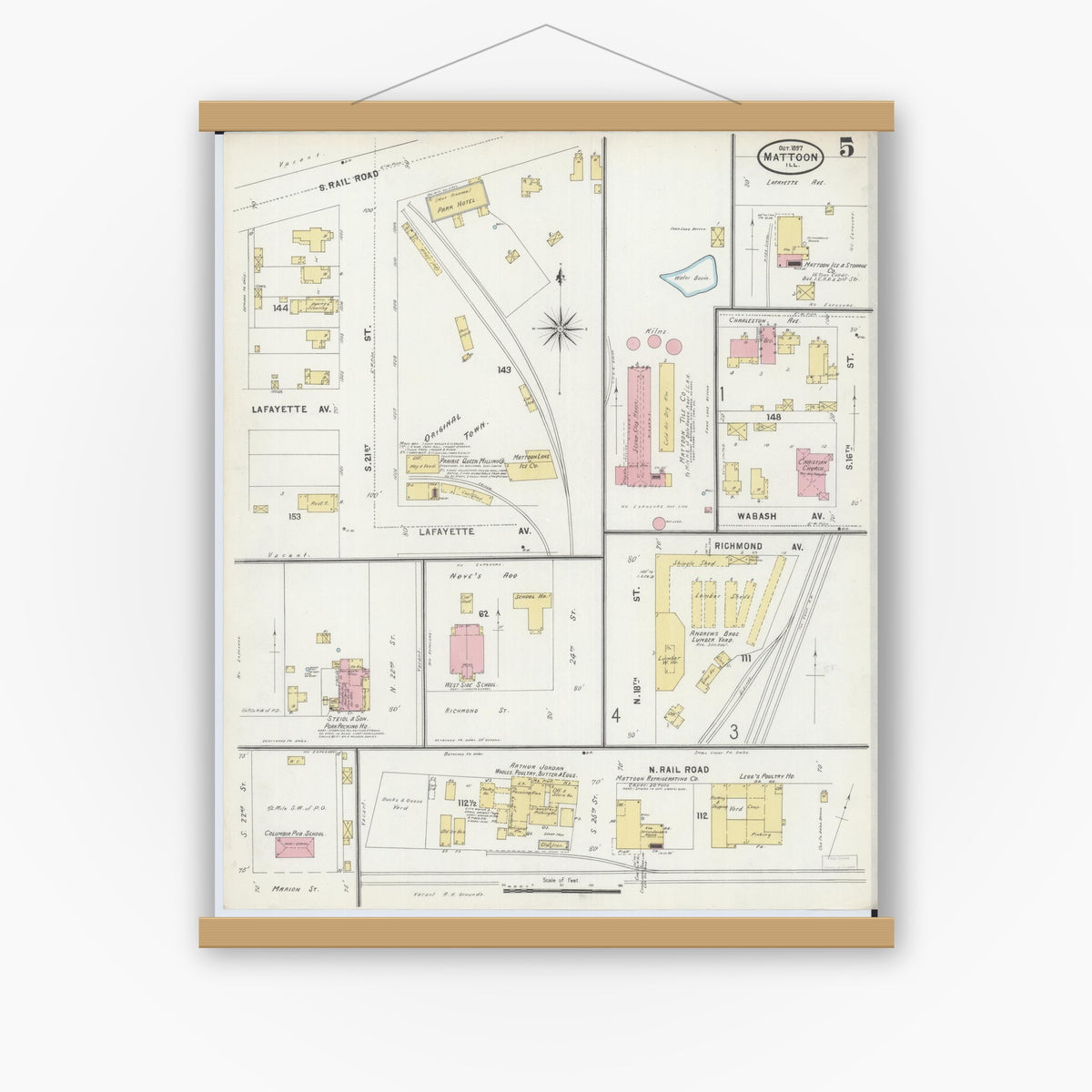 Old map wall art mockup — magnetic wood frame on white wall — Sanborn Fire Insurance Map from Mattoon, Coles County, Illinois (1897), Sheet #0005