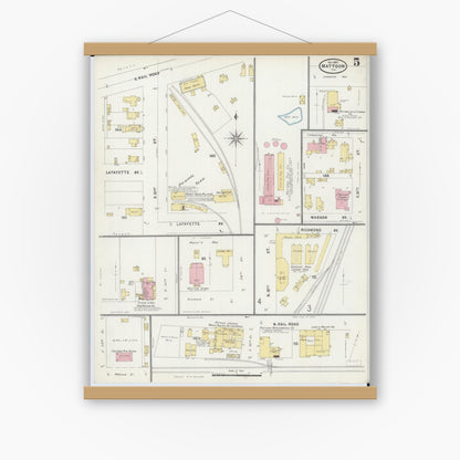 Old map wall art mockup — magnetic wood frame on white wall — Sanborn Fire Insurance Map from Mattoon, Coles County, Illinois (1897), Sheet #0005