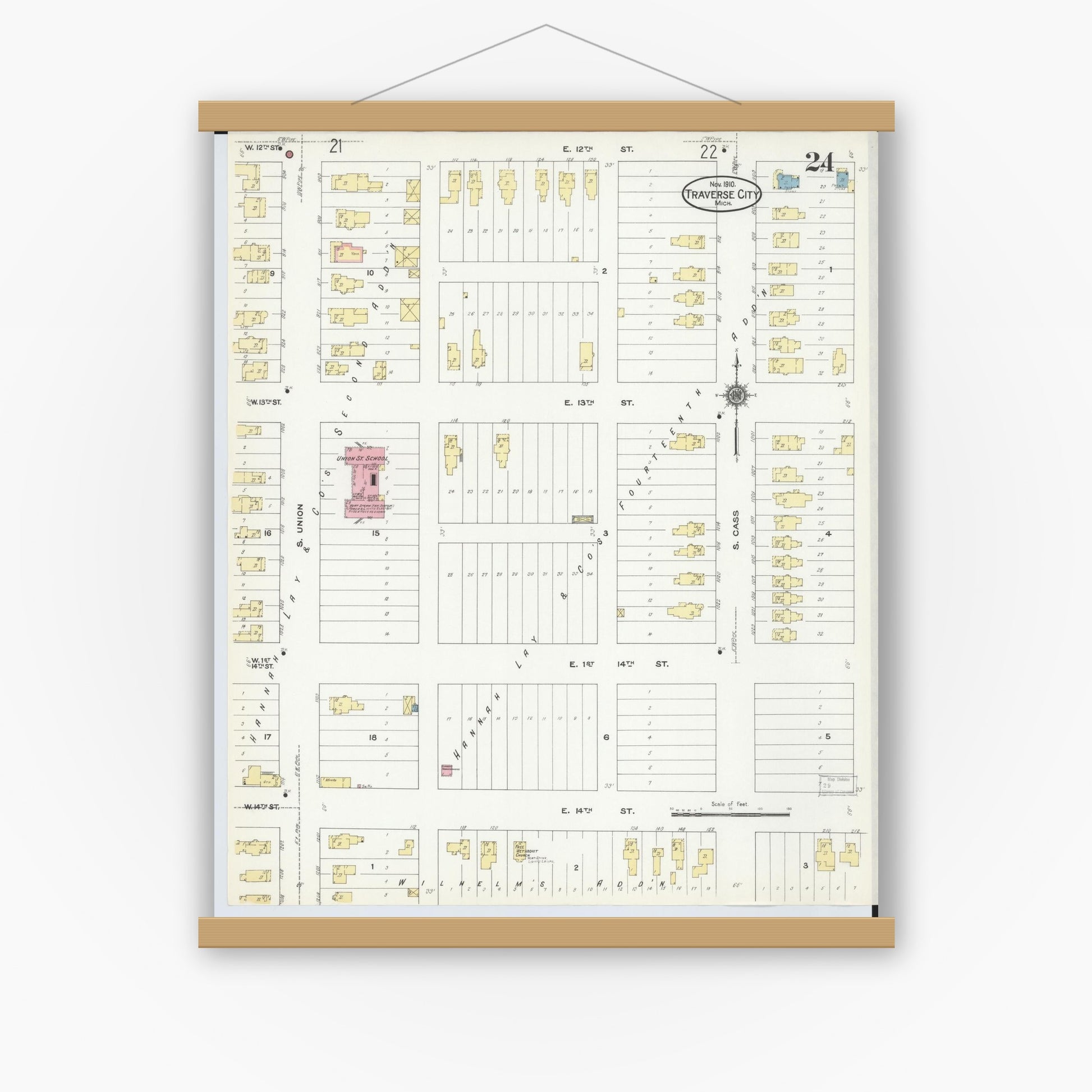 Old map wall art mockup — magnetic wood frame on white wall — Sanborn Fire Insurance Map from Traverse City, Grand Traverse County, Michigan (1910), Sheet #0024