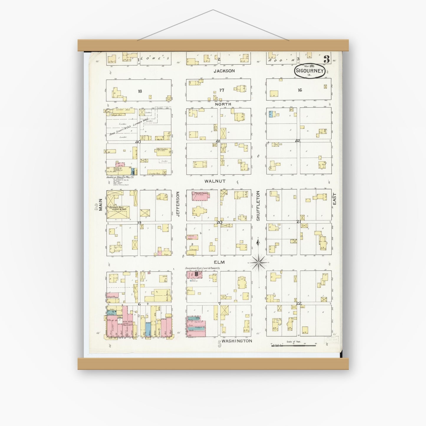 Old map wall art mockup — magnetic wood frame on white wall — Sanborn Fire Insurance Map from Sigourney, Kiokuk County, Iowa (1893), Sheet #0003
