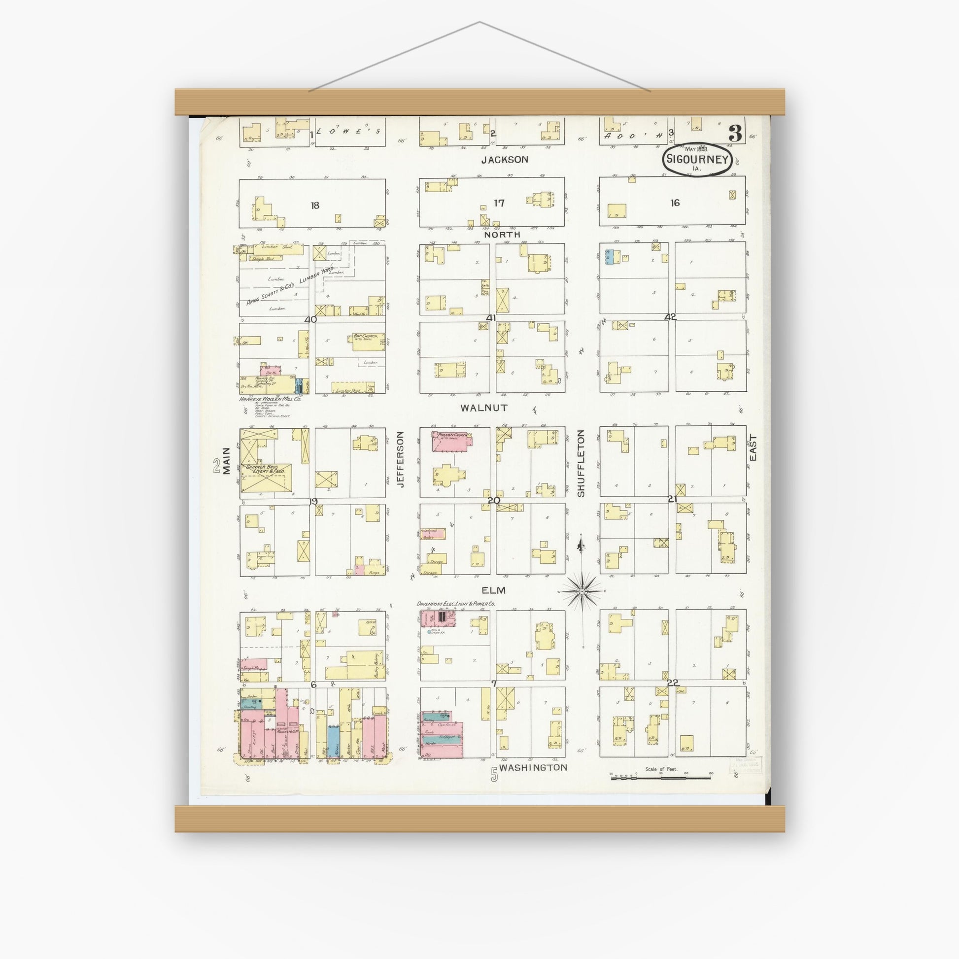 Old map wall art mockup — magnetic wood frame on white wall — Sanborn Fire Insurance Map from Sigourney, Kiokuk County, Iowa (1893), Sheet #0003