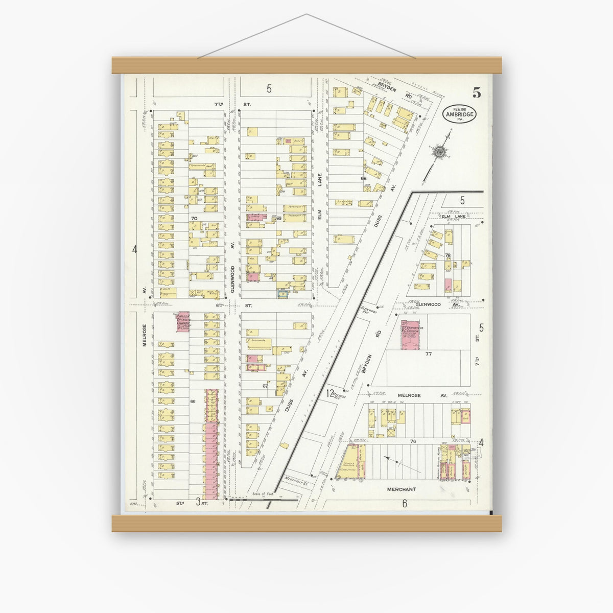 Old map wall art mockup — magnetic wood frame on white wall — Sanborn Fire Insurance Map from Ambridge, Beaver County, Pennsylvania (1911), Sheet #0005