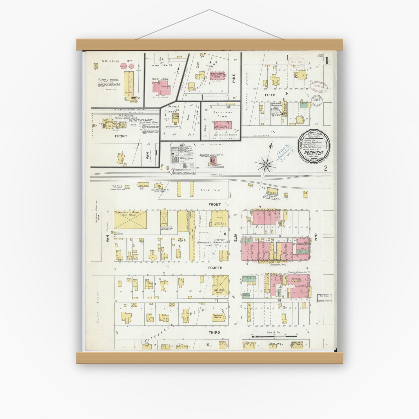 Old map wall art mockup — magnetic wood frame on white wall — Sanborn Fire Insurance Map from Norborne, Carroll County, Missouri (1899), Sheet #0001