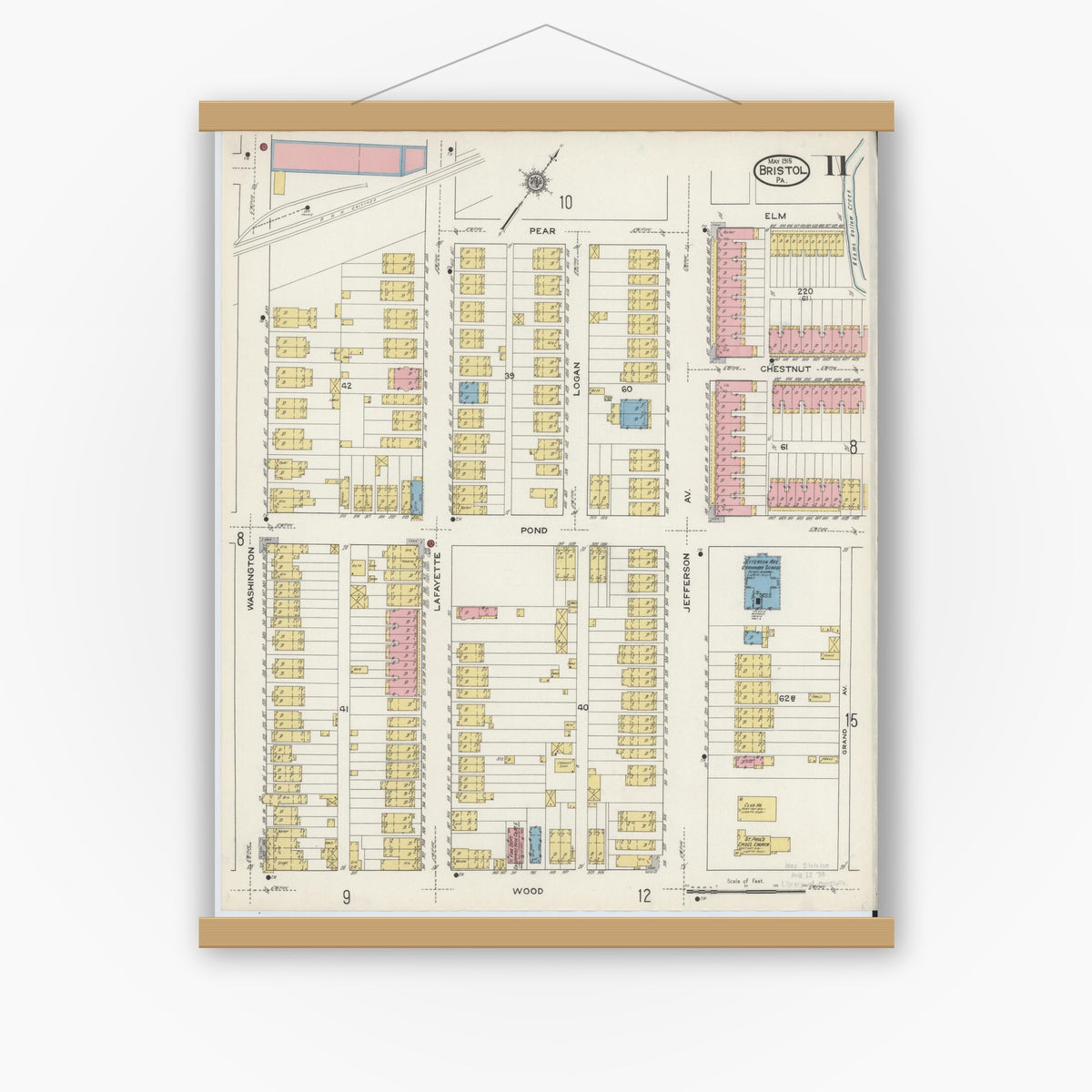 Old map wall art mockup — magnetic wood frame on white wall — Sanborn Fire Insurance Map from Bristol, Bucks County, Pennsylvania (1915), Sheet #0011