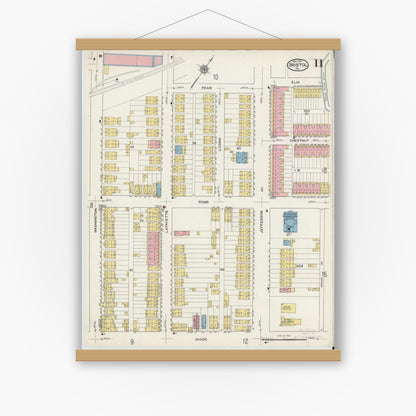 Old map wall art mockup — magnetic wood frame on white wall — Sanborn Fire Insurance Map from Bristol, Bucks County, Pennsylvania (1915), Sheet #0011