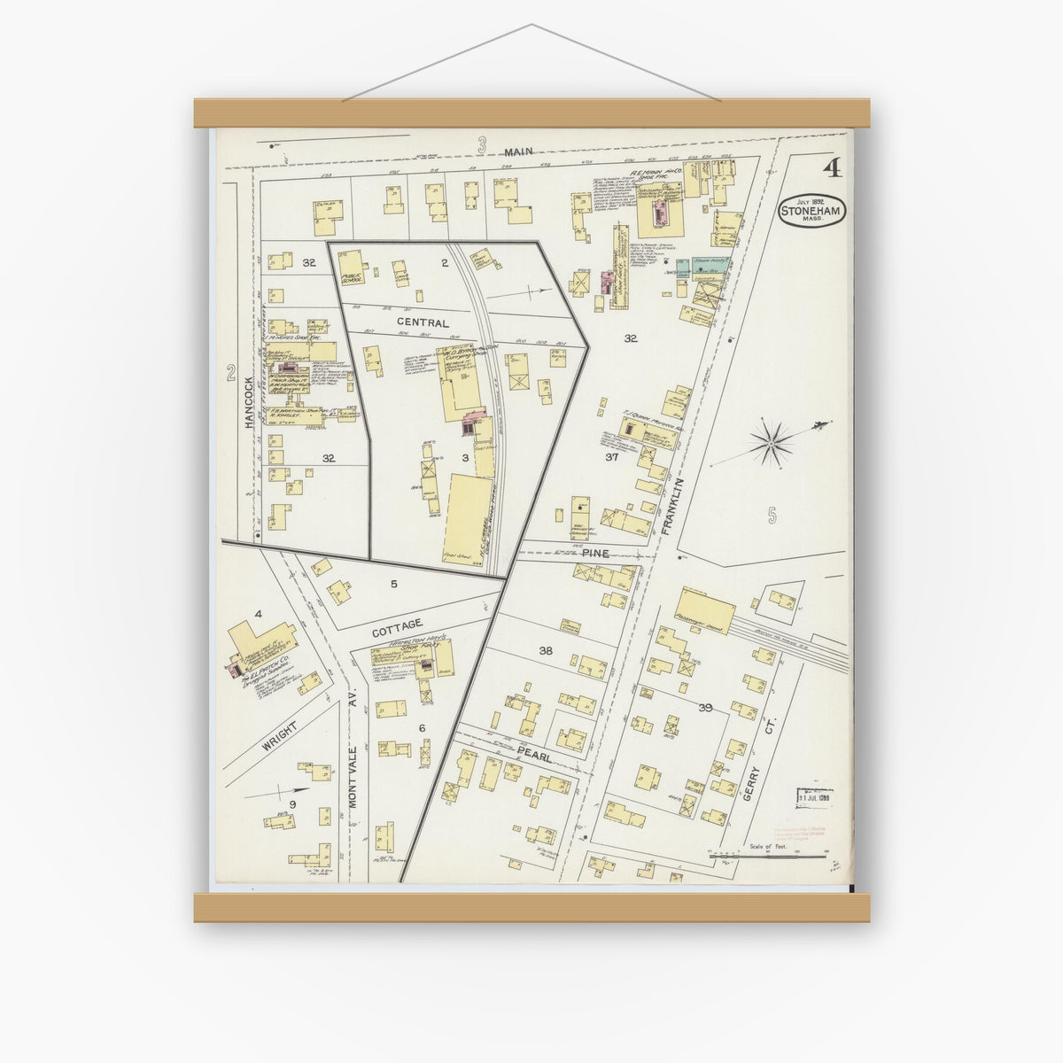 Old map wall art mockup — magnetic wood frame on white wall — Sanborn Fire Insurance Map from Stoneham, Middlesex County, Massachusetts (1892), Sheet #0004
