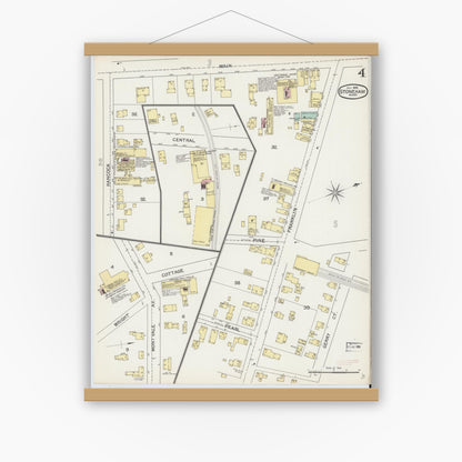 Old map wall art mockup — magnetic wood frame on white wall — Sanborn Fire Insurance Map from Stoneham, Middlesex County, Massachusetts (1892), Sheet #0004
