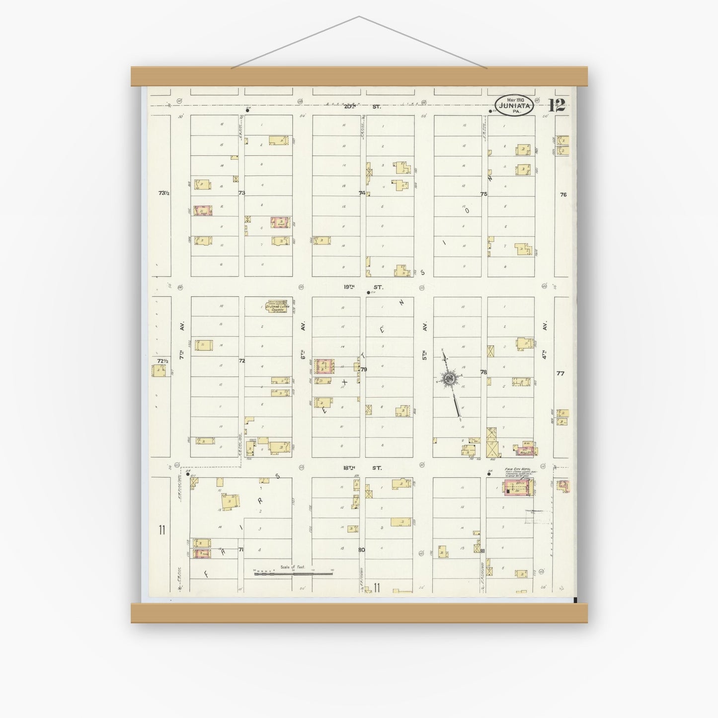 Old map wall art mockup — magnetic wood frame on white wall — Sanborn Fire Insurance Map from Juniata, Blair County, Pennsylvania (1910), Sheet #0012