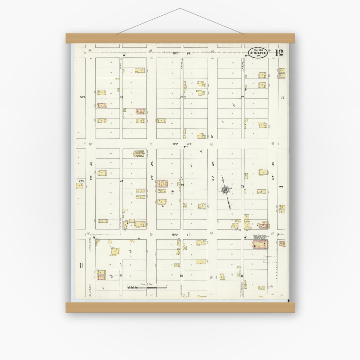 Old map wall art mockup — magnetic wood frame on white wall — Sanborn Fire Insurance Map from Juniata, Blair County, Pennsylvania (1910), Sheet #0012