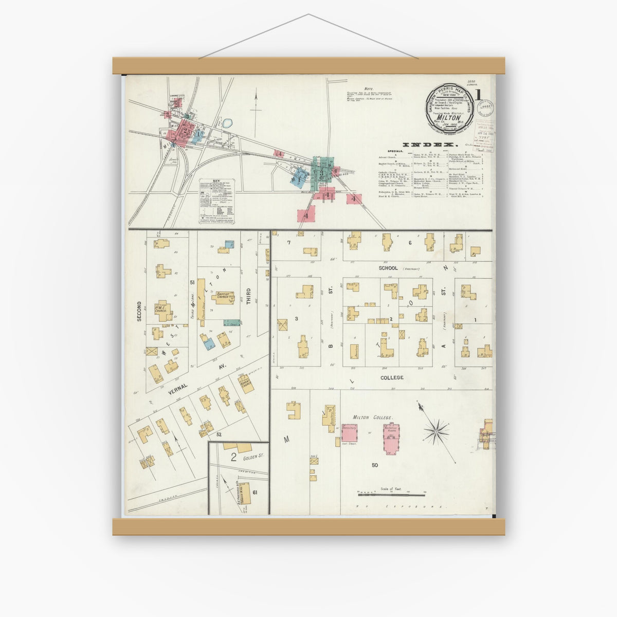 Old map wall art mockup — magnetic wood frame on white wall — Sanborn Fire Insurance Map from Milton, Rock County, Wisconsin (1900) - Complete Map Set