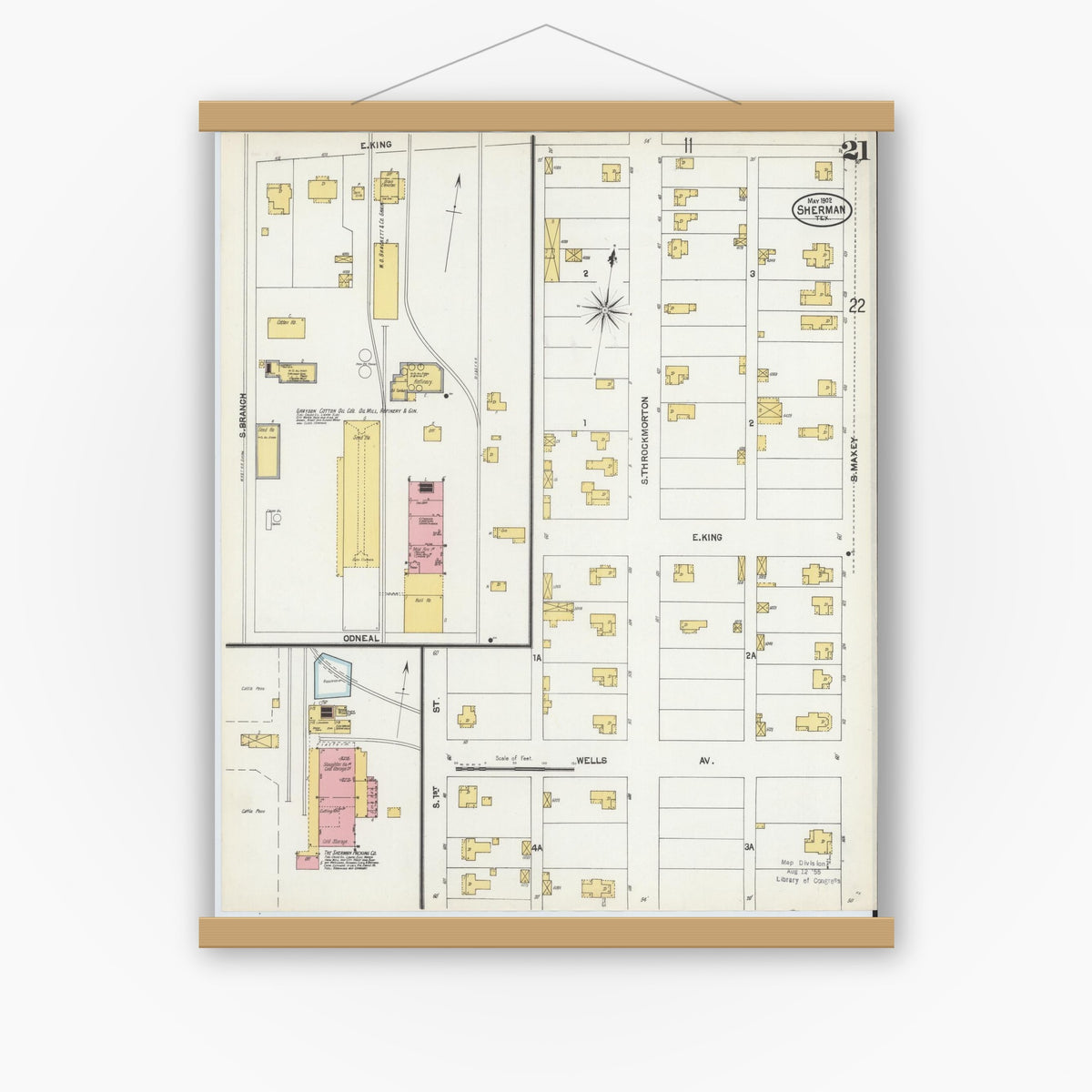 Old map wall art mockup — magnetic wood frame on white wall — Sanborn Fire Insurance Map from Sherman, Grayson County, Texas (1902), Sheet #0021