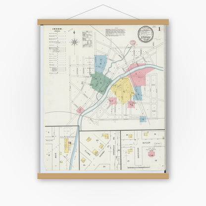 Old map wall art mockup — magnetic wood frame on white wall — Sanborn Fire Insurance Map from Vassar, Tuscola County, Michigan (1895), Sheet #0001