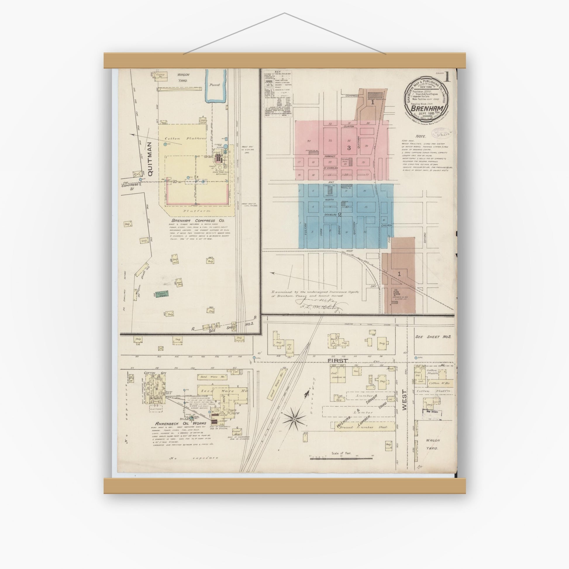 Old map wall art mockup — magnetic wood frame on white wall — Sanborn Fire Insurance Map from Brenham, Washington County, Texas (1885), Sheet #0001