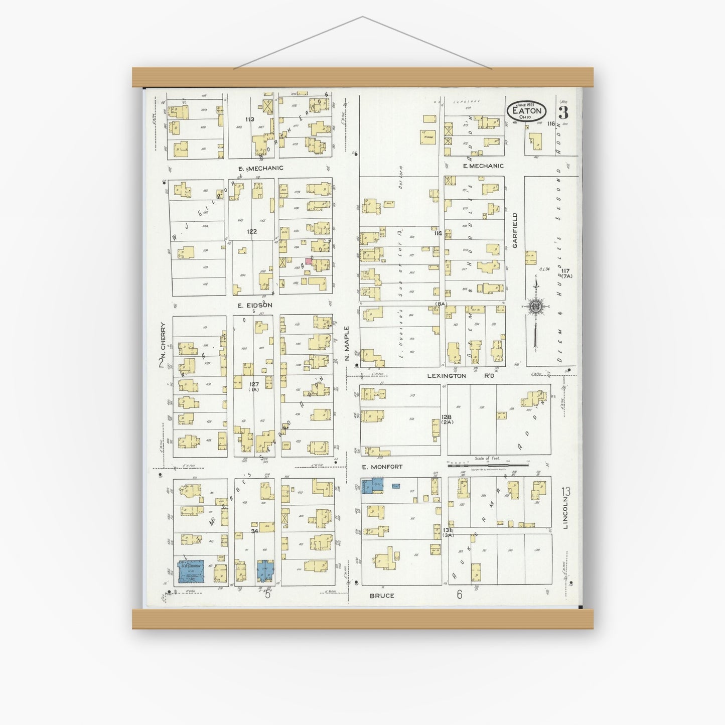 Old map wall art mockup — magnetic wood frame on white wall — Sanborn Fire Insurance Map from Eaton, Preble County, Ohio (1921), Sheet #0003