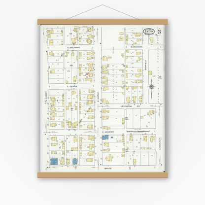 Old map wall art mockup — magnetic wood frame on white wall — Sanborn Fire Insurance Map from Eaton, Preble County, Ohio (1921), Sheet #0003