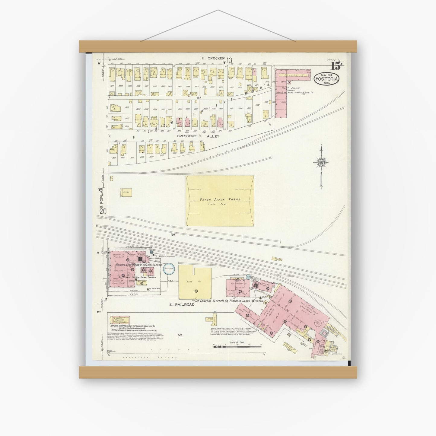 Old map wall art mockup — magnetic wood frame on white wall — Sanborn Fire Insurance Map from Fostoria, Seneca, Hancock, And Wood Counties, Ohio (1914), Sheet #0015