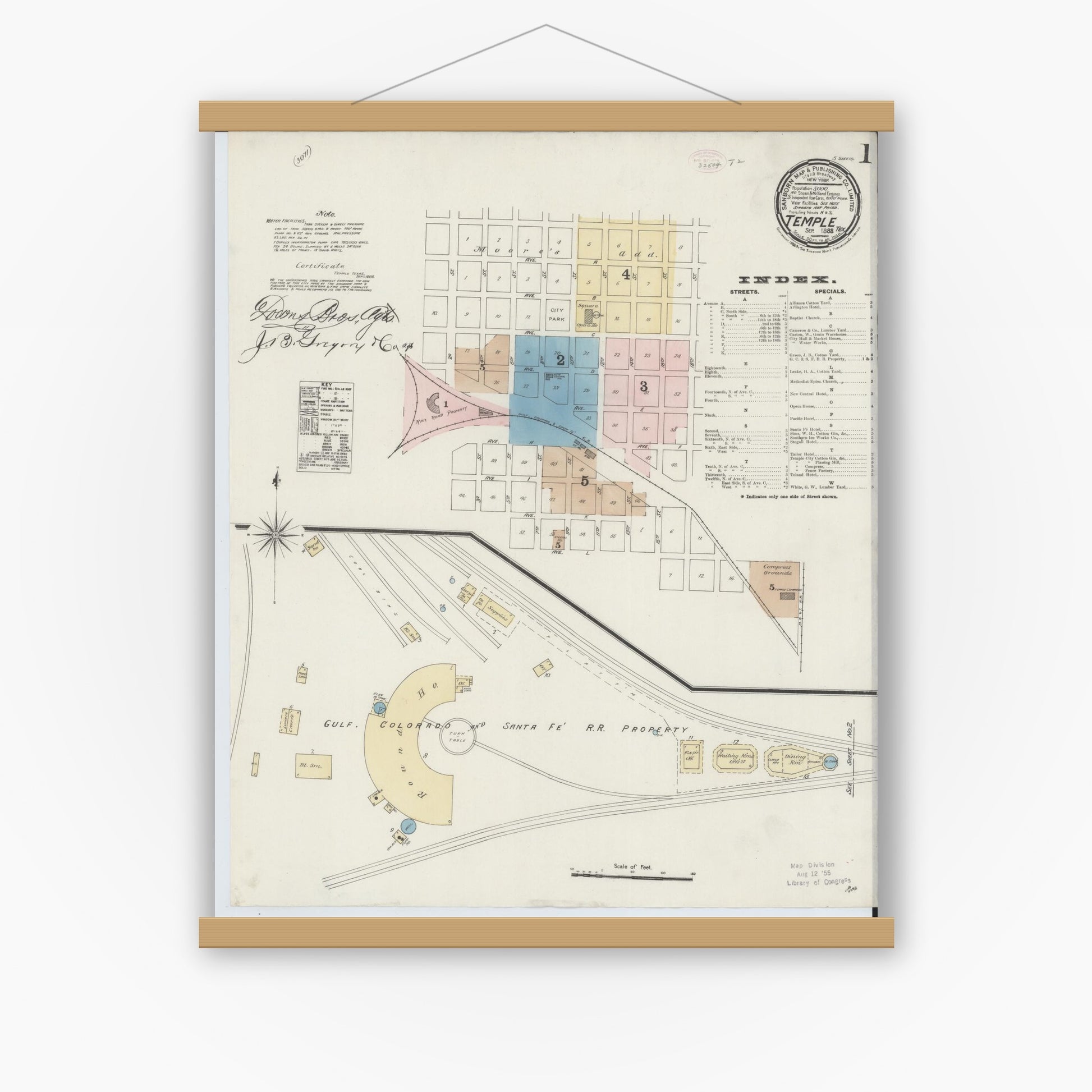 Old map wall art mockup — magnetic wood frame on white wall — Sanborn Fire Insurance Map from Temple, Bell County, Texas (1888) - Complete Map Set
