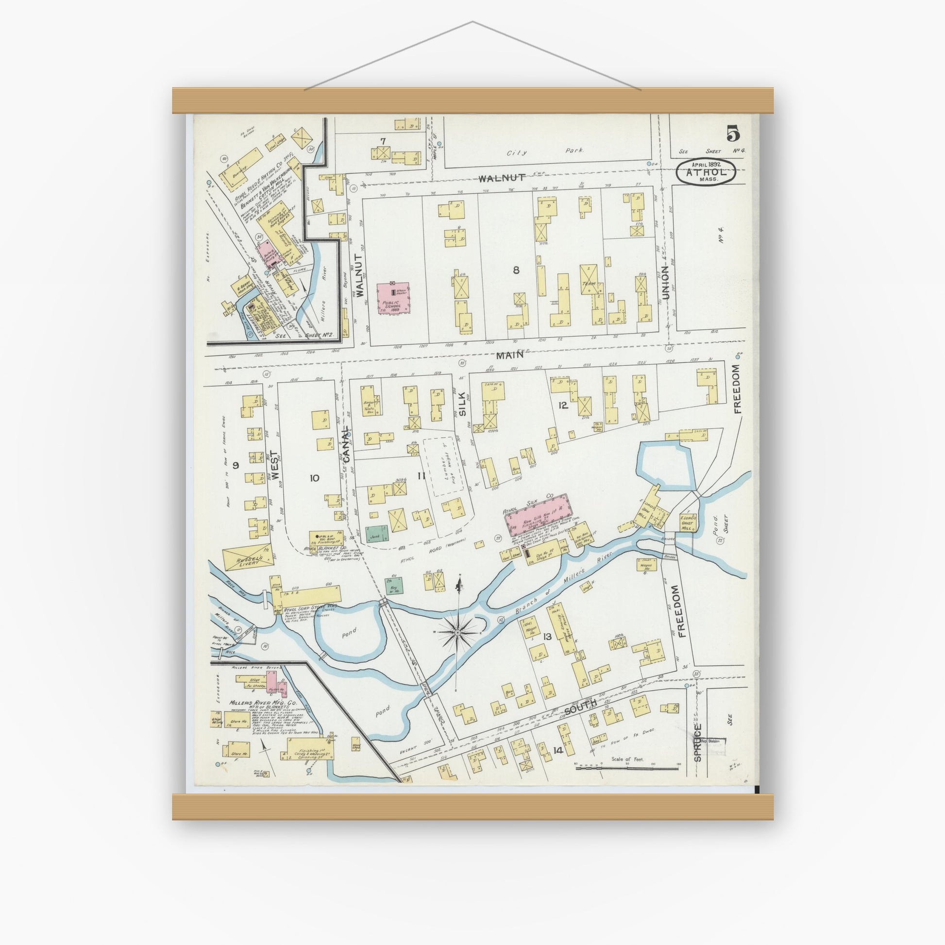 Old map wall art mockup — magnetic wood frame on white wall — Sanborn Fire Insurance Map from Athol, Worcester County, Massachusetts (1892), Sheet #0005