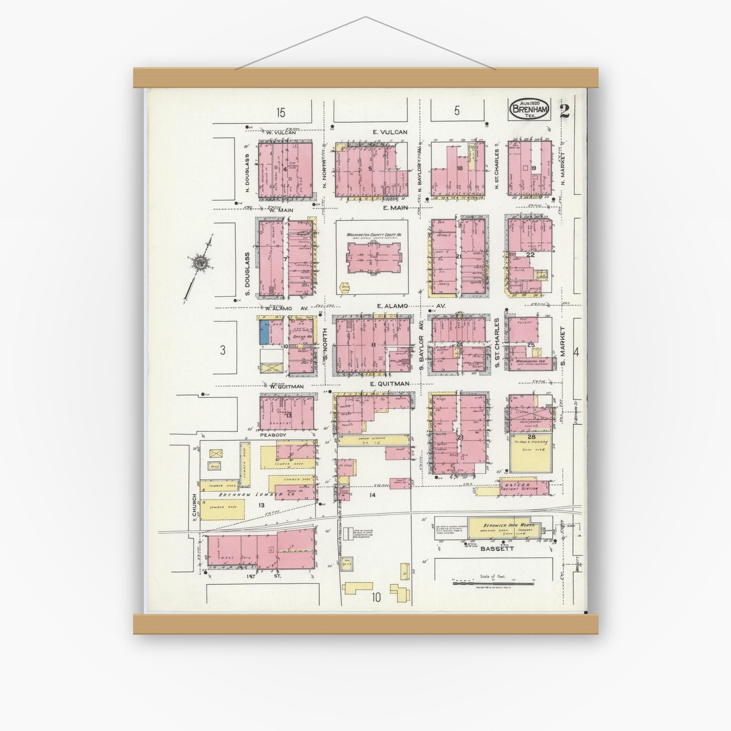 Old map wall art mockup — magnetic wood frame on white wall — Sanborn Fire Insurance Map from Brenham, Washington County, Texas (1920), Sheet #0002