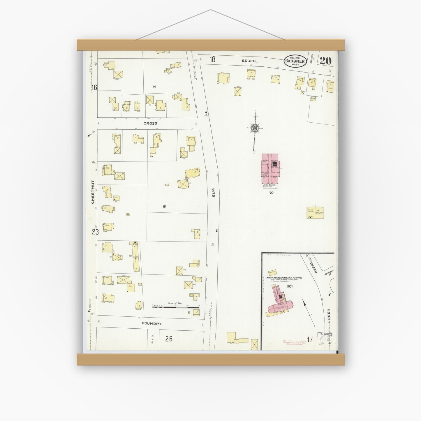 Old map wall art mockup — magnetic wood frame on white wall — Sanborn Fire Insurance Map from Gardner, Worcester County, Massachusetts (1909), Sheet #0020