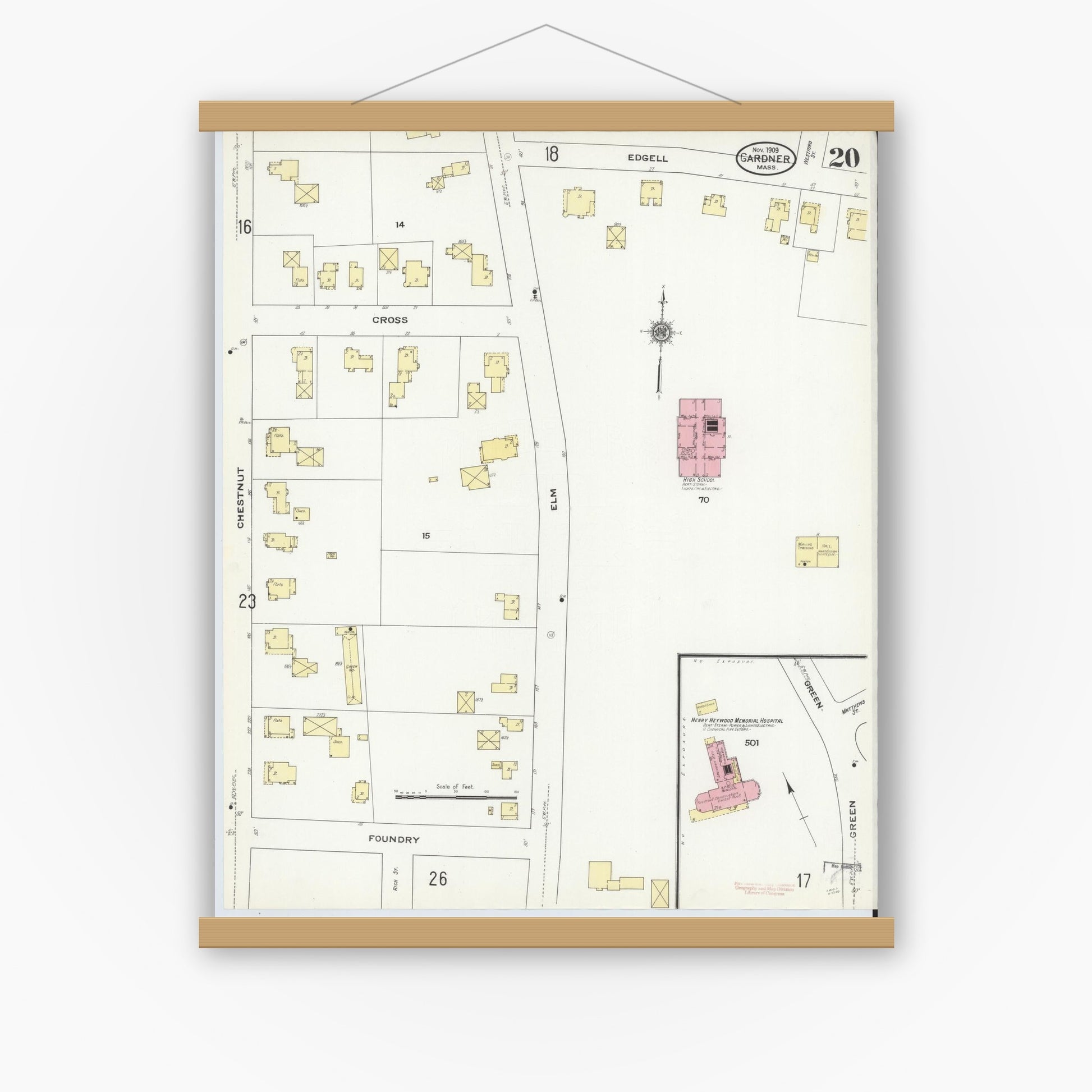 Old map wall art mockup — magnetic wood frame on white wall — Sanborn Fire Insurance Map from Gardner, Worcester County, Massachusetts (1909), Sheet #0020