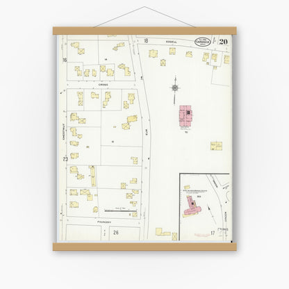 Old map wall art mockup — magnetic wood frame on white wall — Sanborn Fire Insurance Map from Gardner, Worcester County, Massachusetts (1909), Sheet #0020
