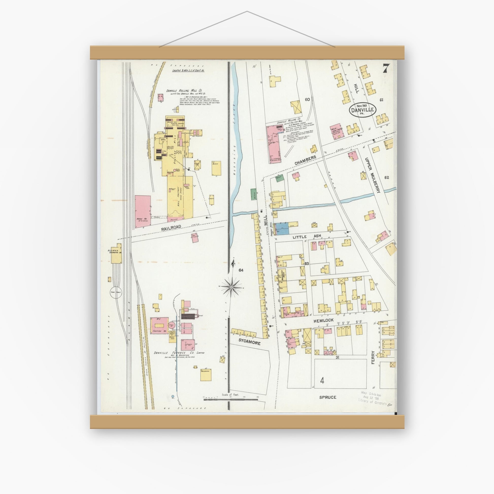 Old map wall art mockup — magnetic wood frame on white wall — Sanborn Fire Insurance Map from Danville, Montour County, Pennsylvania (1901), Sheet #0007