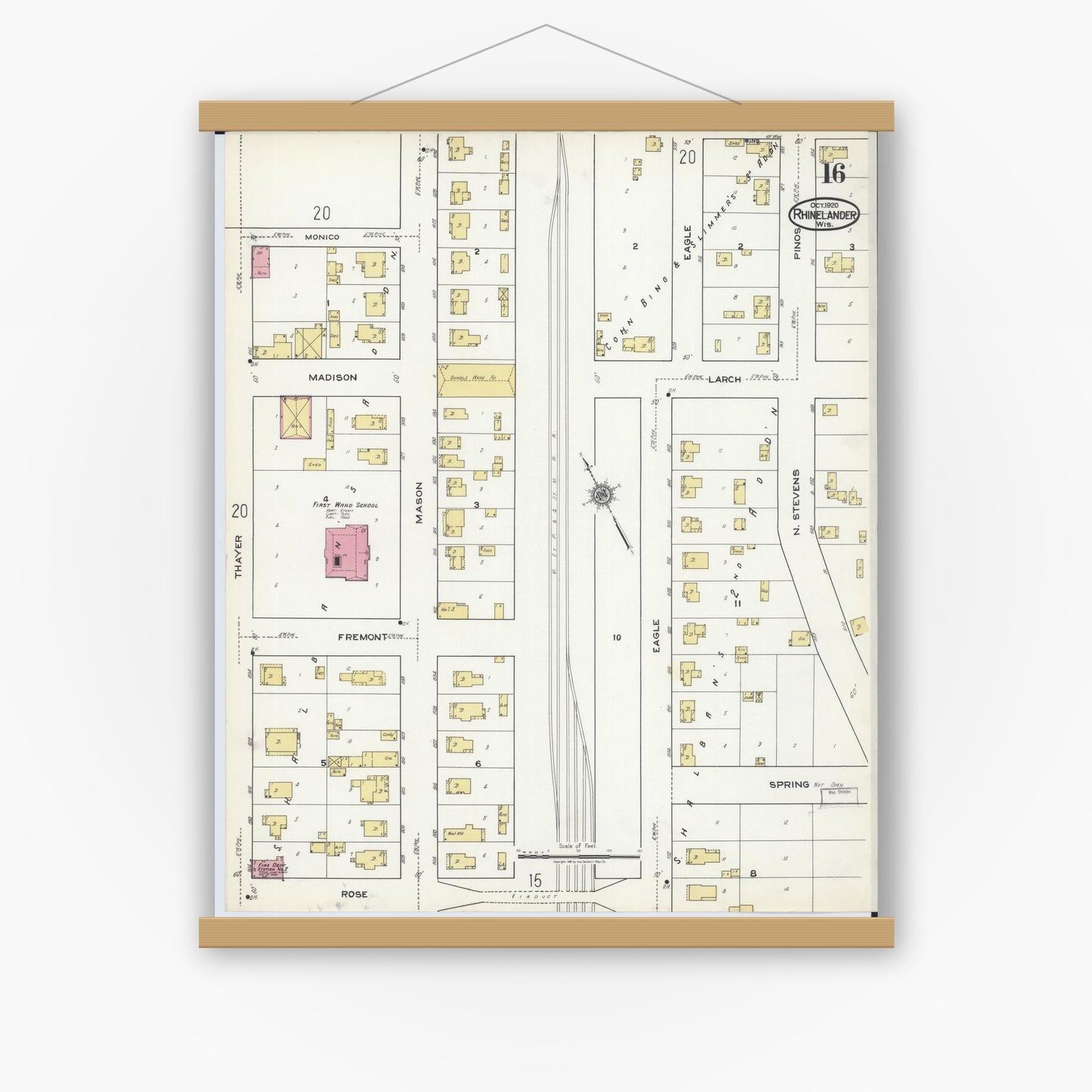 Old map wall art mockup — magnetic wood frame on white wall — Sanborn Fire Insurance Map from Rhinelander, Oneida County, Wisconsin (1920), Sheet #0016