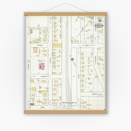 Old map wall art mockup — magnetic wood frame on white wall — Sanborn Fire Insurance Map from Rhinelander, Oneida County, Wisconsin (1920), Sheet #0016