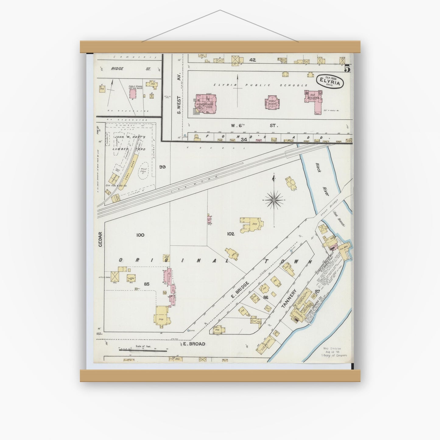 Old map wall art mockup — magnetic wood frame on white wall — Sanborn Fire Insurance Map from Elyria, Lorain County, Ohio (1888), Sheet #0005